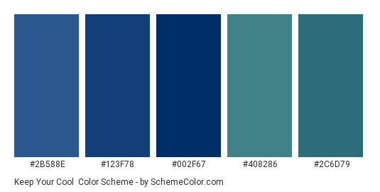 Keep Your Cool - Color scheme palette thumbnail - #2b588e #123f78 #002f67 #408286 #2c6d79 
