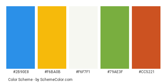 Milk Sun Flower - Color scheme palette thumbnail - #2b90e8 #f6ba0b #f6f7f1 #79ae3f #cc5221 