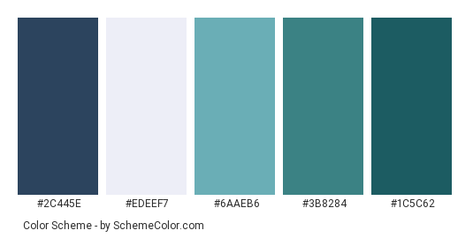 Blue-green Wave - Color scheme palette thumbnail - #2c445e #edeef7 #6aaeb6 #3b8284 #1c5c62 