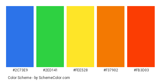 Little Joys - Color scheme palette thumbnail - #2c73e9 #2ed141 #fee528 #f37902 #fb3d03 