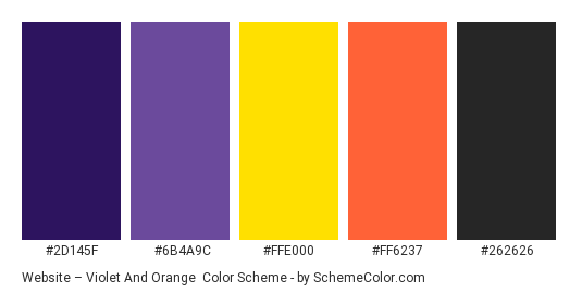 Website – Violet and Orange - Color scheme palette thumbnail - #2d145f #6b4a9c #ffe000 #ff6237 #262626 