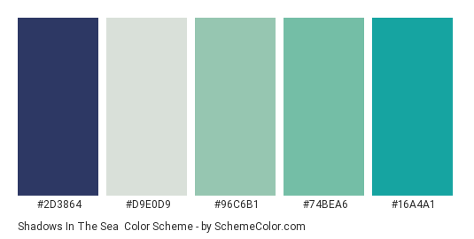 Shadows in the Sea - Color scheme palette thumbnail - #2d3864 #d9e0d9 #96c6b1 #74bea6 #16a4a1 