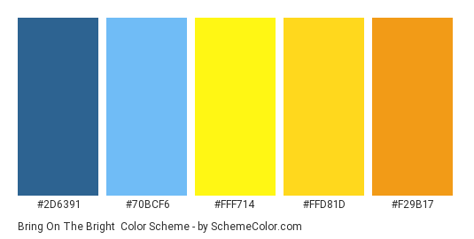 Bring on the Bright - Color scheme palette thumbnail - #2d6391 #70bcf6 #fff714 #ffd81d #f29b17 