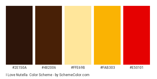 I Love Nutella - Color scheme palette thumbnail - #2e150a #482006 #ffe69b #fab303 #e50101 