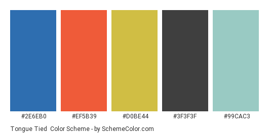 Tongue Tied - Color scheme palette thumbnail - #2e6eb0 #ef5b39 #d0be44 #3f3f3f #99cac3 