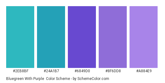Bluegreen with Purple - Color scheme palette thumbnail - #2eb8bf #24a1b7 #6849d0 #8f6dd8 #a884e9 