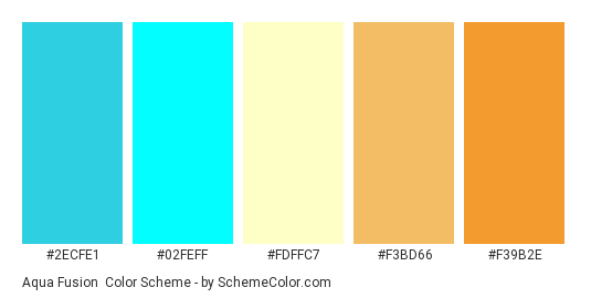 Aqua Fusion - Color scheme palette thumbnail - #2ecfe1 #02feff #fdffc7 #f3bd66 #f39b2e 