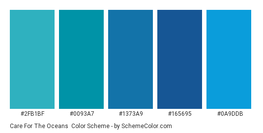 Care for the Oceans - Color scheme palette thumbnail - #2fb1bf #0093a7 #1373a9 #165695 #0a9ddb 