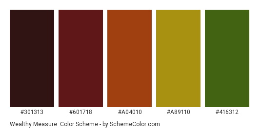 Wealthy Measure - Color scheme palette thumbnail - #301313 #601718 #a04010 #a89110 #416312 