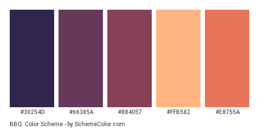 BBQ - Color scheme palette thumbnail - #30254D #66385A #884057 #FFB582 #E8755A 