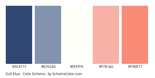 Dull Blue & Pink - Color scheme palette thumbnail - #304773 #8392ad #fefff9 #f7b1a6 #f98b77 