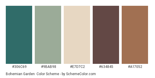 Bohemian Garden - Color scheme palette thumbnail - #306C69 #9BAB98 #E7D7C2 #634845 #A17052 