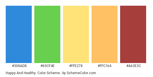 Happy and Healthy - Color scheme palette thumbnail - #308ADB #69CF4E #FFE278 #FFC164 #A63E3C 