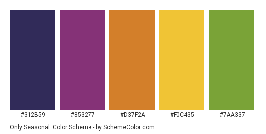 Only Seasonal - Color scheme palette thumbnail - #312B59 #853277 #D37F2A #F0C435 #7AA337 