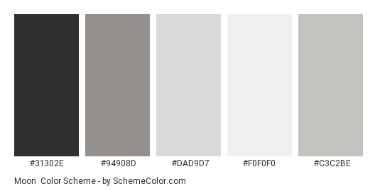 Moon - Color scheme palette thumbnail - #31302E #94908D #DAD9D7 #F0F0F0 #C3C2BE 