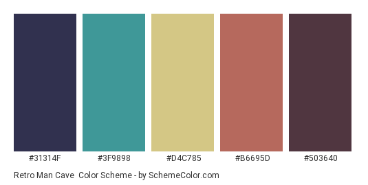 Retro Man Cave - Color scheme palette thumbnail - #31314f #3f9898 #d4c785 #b6695d #503640 
