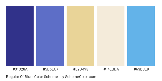 Regular of Blue - Color scheme palette thumbnail - #31328A #5D6EC7 #E9D498 #F4EBDA #63B3E9 