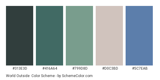 World Outside - Color scheme palette thumbnail - #313e3d #416a64 #799d8d #d0c3bd #5c7eab 