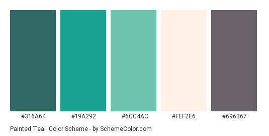 Painted Teal - Color scheme palette thumbnail - #316A64 #19A292 #6CC4AC #FEF2E6 #696367 