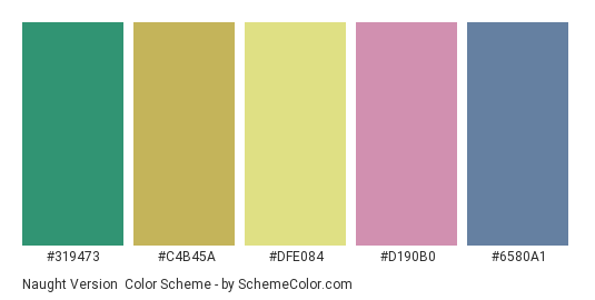 Naught Version - Color scheme palette thumbnail - #319473 #C4B45A #DFE084 #D190B0 #6580A1 