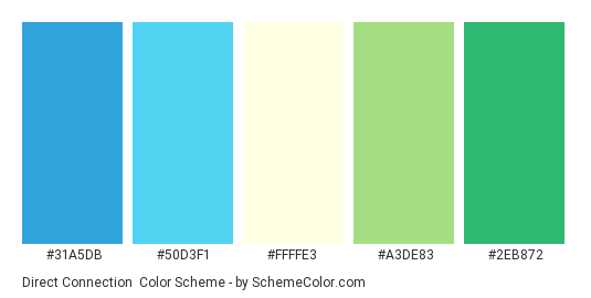Direct Connection - Color scheme palette thumbnail - #31A5DB #50D3F1 #FFFFE3 #A3DE83 #2EB872 