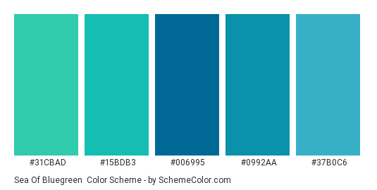 Sea of Bluegreen - Color scheme palette thumbnail - #31CBAD #15BDB3 #006995 #0992AA #37B0C6 