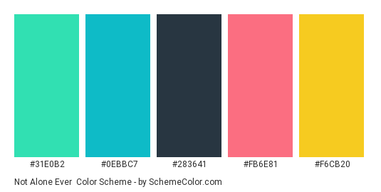 Not Alone Ever - Color scheme palette thumbnail - #31E0B2 #0EBBC7 #283641 #FB6E81 #F6CB20 