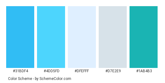 Big Rock On The Ocean - Color scheme palette thumbnail - #31bdf4 #4dd5fd #dfefff #d7e2e9 #1ab4b3 