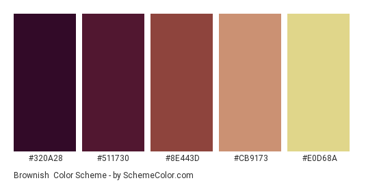 Brownish - Color scheme palette thumbnail - #320a28 #511730 #8e443d #cb9173 #e0d68a 