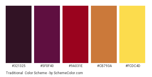 Traditional - Color scheme palette thumbnail - #321325 #5f0f40 #9a031e #cb793a #fcdc4d 