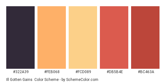 Ill Gotten Gains - Color scheme palette thumbnail - #322A39 #FEB068 #FCD089 #DB5B4E #BC463A 