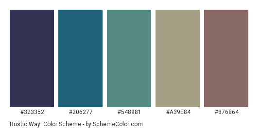 Rustic Way - Color scheme palette thumbnail - #323352 #206277 #548981 #a39e84 #876864 