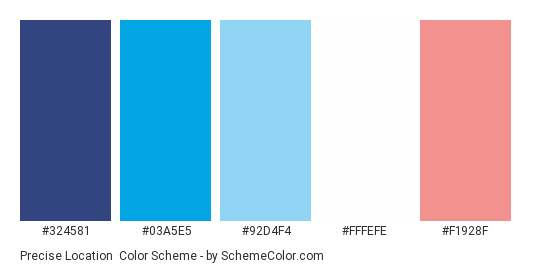 Precise Location - Color scheme palette thumbnail - #324581 #03a5e5 #92d4f4 #fffefe #f1928f 