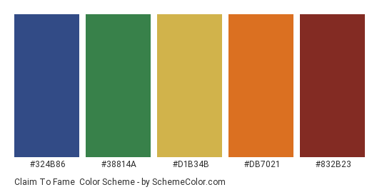 Claim to Fame - Color scheme palette thumbnail - #324b86 #38814a #d1b34b #db7021 #832b23 