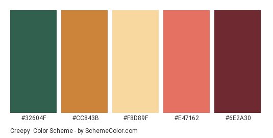 Creepy - Color scheme palette thumbnail - #32604F #CC843B #F8D89F #E47162 #6E2A30 