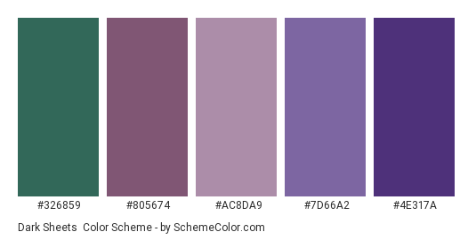 Dark Sheets - Color scheme palette thumbnail - #326859 #805674 #ac8da9 #7d66a2 #4e317a 