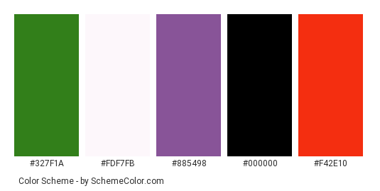 Amazing Butterfly - Color scheme palette thumbnail - #327f1a #fdf7fb #885498 #000000 #f42e10 