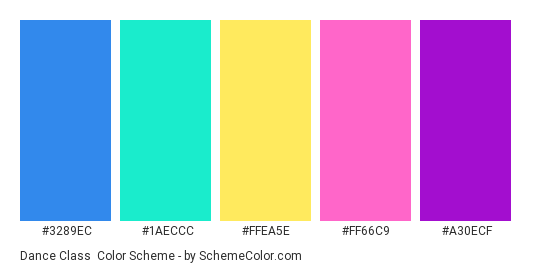 Dance Class - Color scheme palette thumbnail - #3289EC #1AECCC #FFEA5E #FF66C9 #A30ECF 