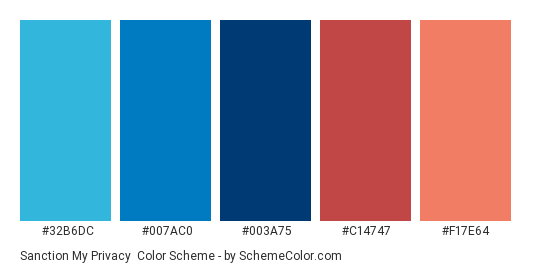 Sanction my Privacy - Color scheme palette thumbnail - #32B6DC #007AC0 #003A75 #C14747 #F17E64 