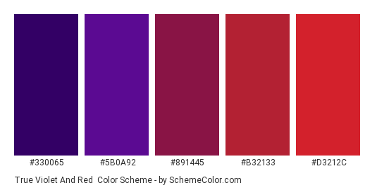 True Violet and Red - Color scheme palette thumbnail - #330065 #5B0A92 #891445 #B32133 #D3212C 