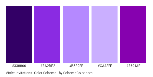 Violet Invitations - Color scheme palette thumbnail - #330066 #8A2BE2 #B589FF #CAAFFF #8601AF 