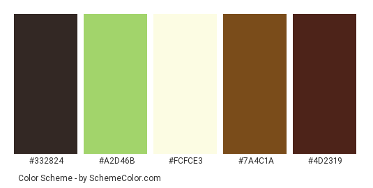 Sizzling Brownie Cake - Color scheme palette thumbnail - #332824 #A2D46B #FCFCE3 #7A4C1A #4D2319 