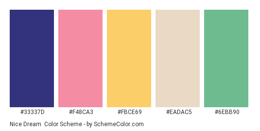 Nice Dream - Color scheme palette thumbnail - #33337D #F48CA3 #FBCE69 #EADAC5 #6EBB90 