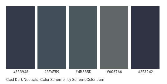 Cool Dark Neutrals - Color scheme palette thumbnail - #333948 #3f4e59 #4b585d #606766 #2f3242 