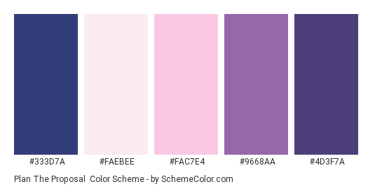 Plan the Proposal - Color scheme palette thumbnail - #333D7A #FAEBEE #FAC7E4 #9668AA #4D3F7A 