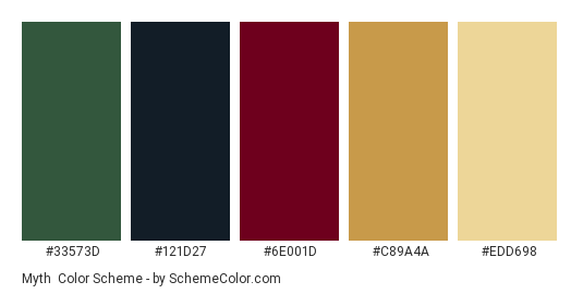 Myth - Color scheme palette thumbnail - #33573D #121D27 #6E001D #C89A4A #EDD698 