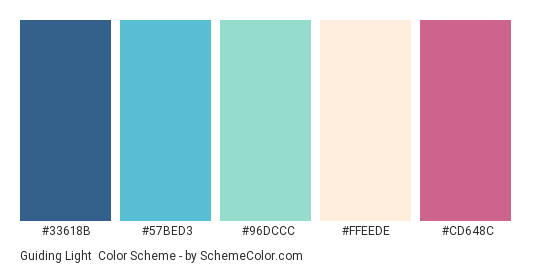 Guiding Light - Color scheme palette thumbnail - #33618B #57BED3 #96DCCC #FFEEDE #CD648C 