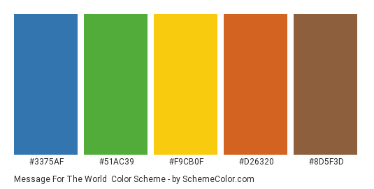 Message for the World - Color scheme palette thumbnail - #3375AF #51AC39 #F9CB0F #D26320 #8D5F3D 