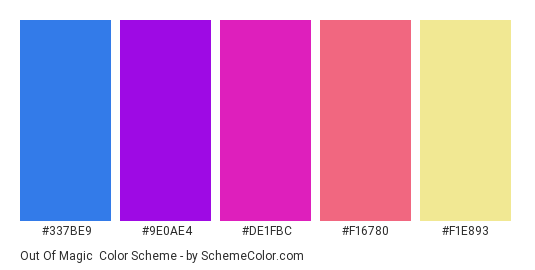 Out of Magic - Color scheme palette thumbnail - #337BE9 #9E0AE4 #DE1FBC #F16780 #F1E893 