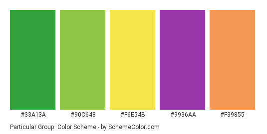 Particular Group - Color scheme palette thumbnail - #33a13a #90c648 #f6e54b #9936aa #f39855 